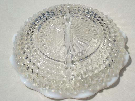 photo of moonstone opalescent glass relish dish, vintage hobnail pattern divided bowl #3