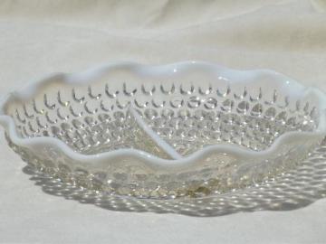 catalog photo of moonstone opalescent glass relish dish, vintage hobnail pattern divided bowl