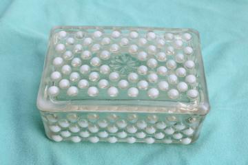 catalog photo of moonstone opalescent hobnail glass trinket box, Fenton lookalike Anchor Hocking mid century vintage 