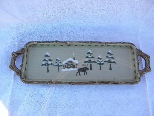 photo of moose Lodge / Sonoma log cabin pottery rectangular tray, twig handles #1