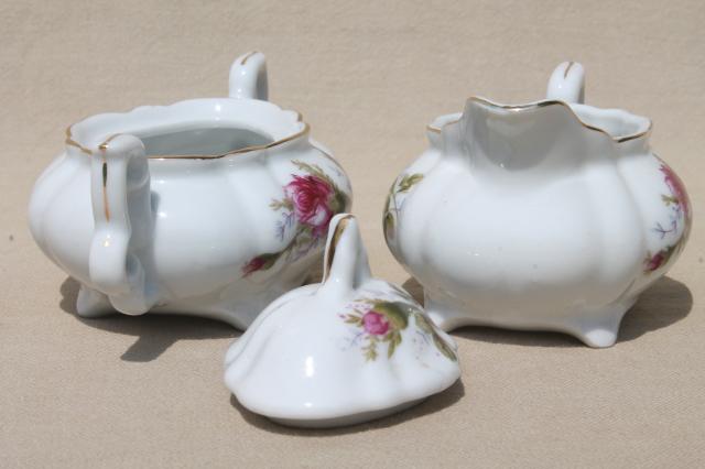 photo of moss rose china covered butter dish, cream & sugar set - vintage Japan #5