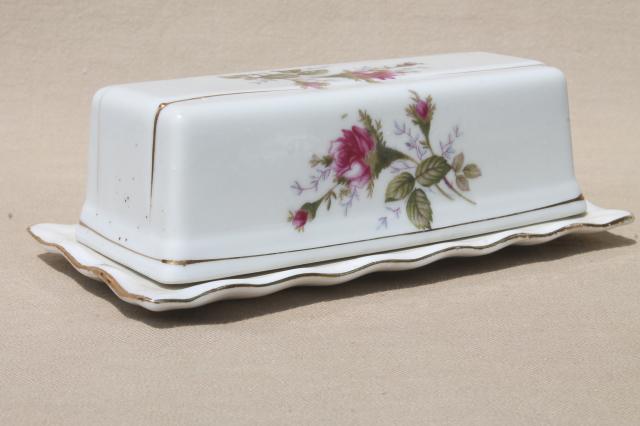 photo of moss rose china covered butter dish, cream & sugar set - vintage Japan #6