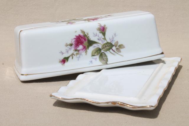 photo of moss rose china covered butter dish, cream & sugar set - vintage Japan #7