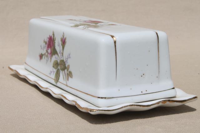 photo of moss rose china covered butter dish, cream & sugar set - vintage Japan #10