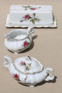 catalog photo of moss rose china covered butter dish, cream & sugar set - vintage Japan