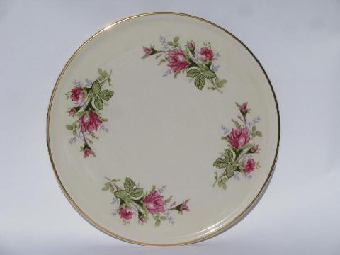 photo of moss rose pink roses, vintage cake salver serving plate plateau, old USA pottery #1