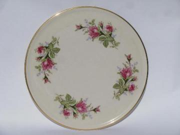 catalog photo of moss rose pink roses, vintage cake salver serving plate plateau, old USA pottery