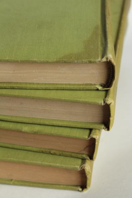 photo of mossy green vintage books, French romances faded worn photo prop library display #2