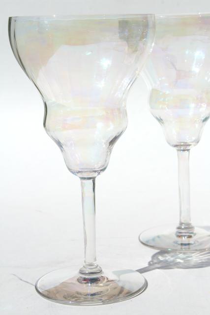 photo of mother of pearl iridescent glass wine glasses, vintage tulip shape goblets #2