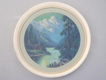 catalog photo of mountain cabin scene antique framed round print, R Atkinson Fox vintage