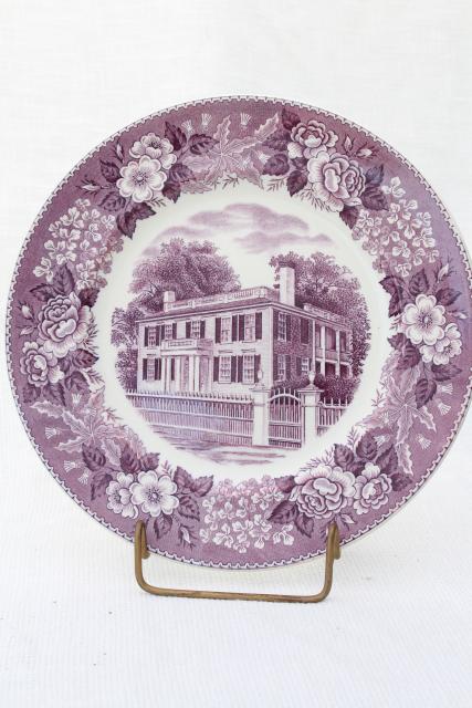 photo of mulberry purple transferware china, vintage scenic souvenir plate Nashua New Hampshire #1