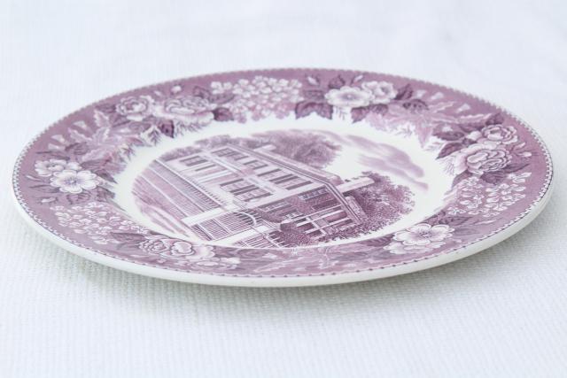 photo of mulberry purple transferware china, vintage scenic souvenir plate Nashua New Hampshire #4