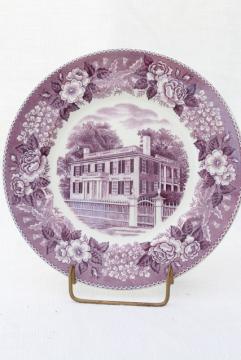 catalog photo of mulberry purple transferware china, vintage scenic souvenir plate Nashua New Hampshire