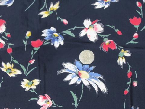 photo of multi-colored daisy chain floral on navy blue, vintage rayon fabric #1