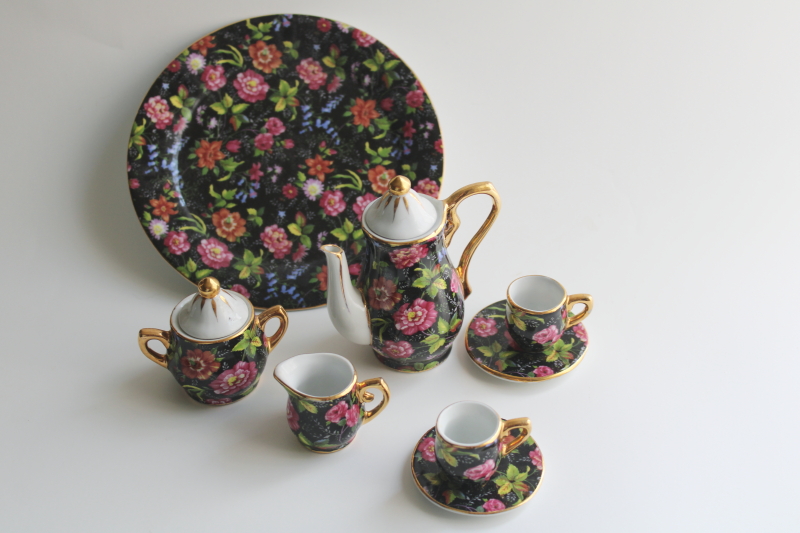 photo of multicolored floral on black chintz china miniature tea set, vintage doll dishes #1