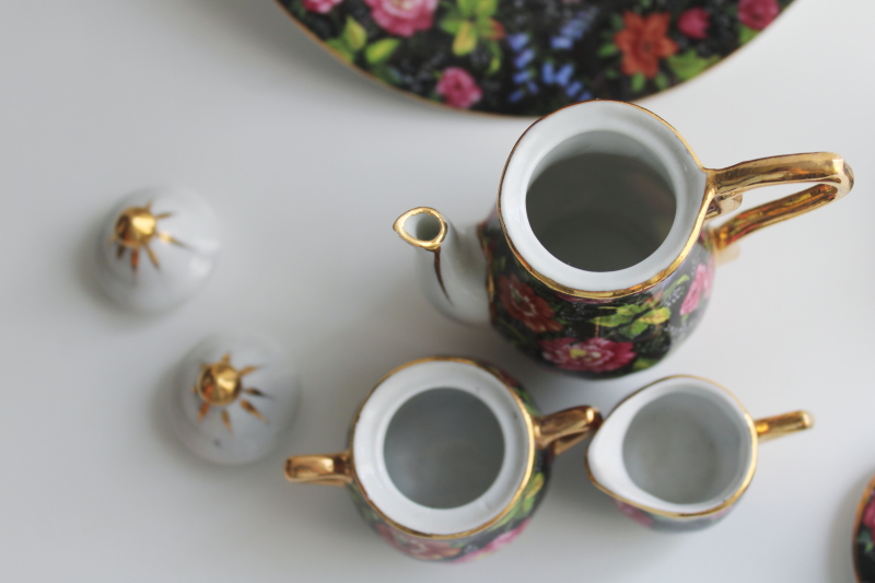 photo of multicolored floral on black chintz china miniature tea set, vintage doll dishes  #2