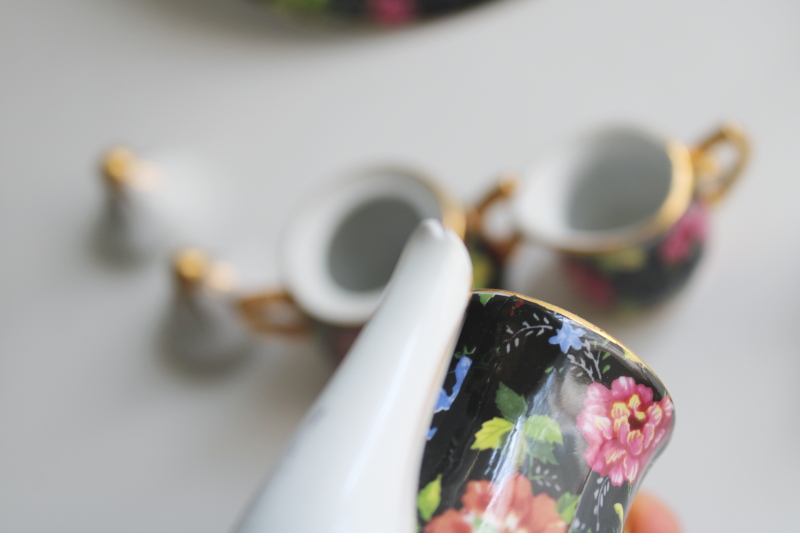 photo of multicolored floral on black chintz china miniature tea set, vintage doll dishes  #3