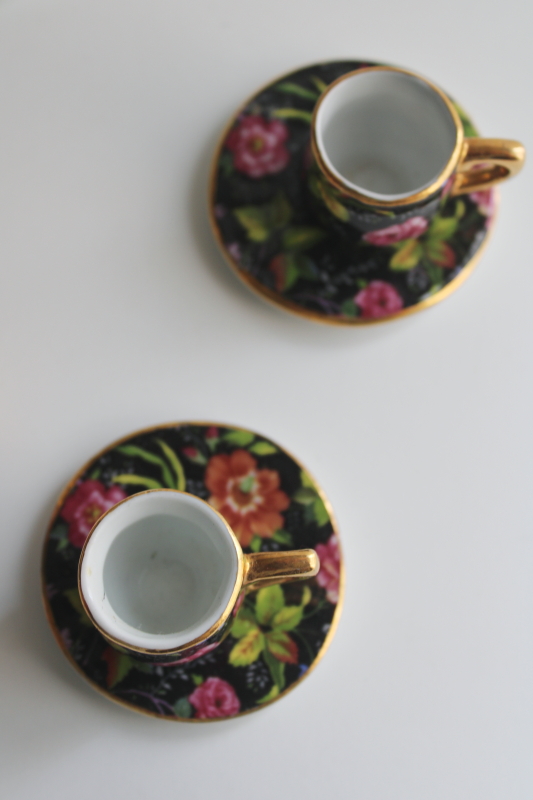photo of multicolored floral on black chintz china miniature tea set, vintage doll dishes  #4
