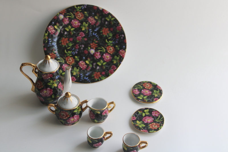 photo of multicolored floral on black chintz china miniature tea set, vintage doll dishes  #5