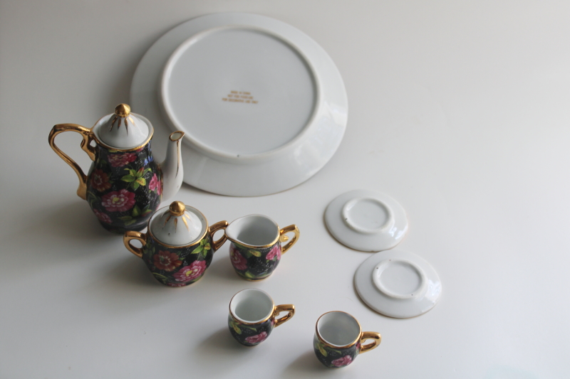 photo of multicolored floral on black chintz china miniature tea set, vintage doll dishes  #6