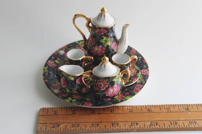 photo of multicolored floral on black chintz china miniature tea set, vintage doll dishes  #8