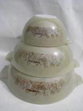 catalog photo of mushrooms vintage Pyrex kitchen glass nest of mixing bowls, Forest Fancies