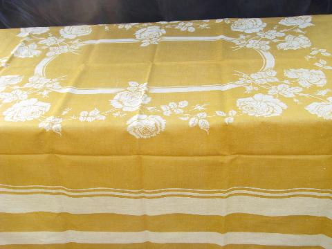 photo of mustard gold french country style vintage pure linen damask tablecloth, never used #1