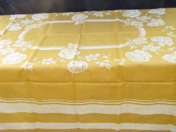 catalog photo of mustard gold french country style vintage pure linen damask tablecloth, never used