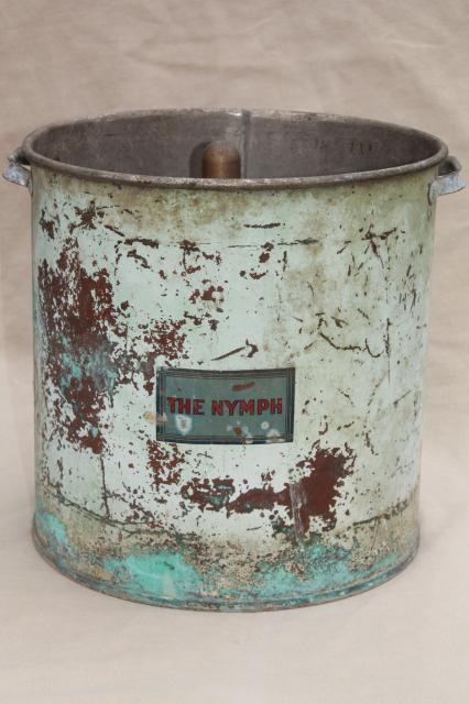 photo of mystery piece large old solid copper pot w/ antique blue paint, vintage Nymph label #1