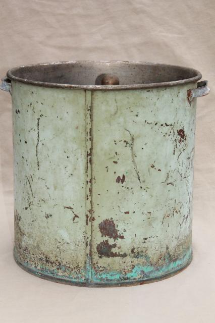 photo of mystery piece large old solid copper pot w/ antique blue paint, vintage Nymph label #5