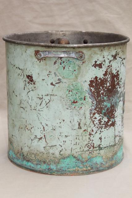 photo of mystery piece large old solid copper pot w/ antique blue paint, vintage Nymph label #6