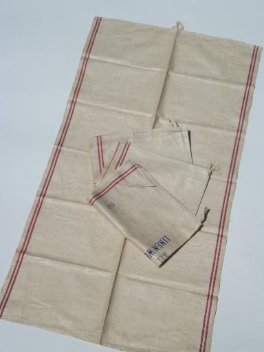 photo of natural flax linen towels, vintage barn red stripe towels w/ hanging loops #4