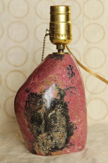 photo of natural polished stone table lamp, rose pink and black marbled red granite #1