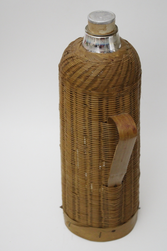 photo of natural woven bamboo basket covered bottle, vintage style glass thermos w/ cork stopper #3
