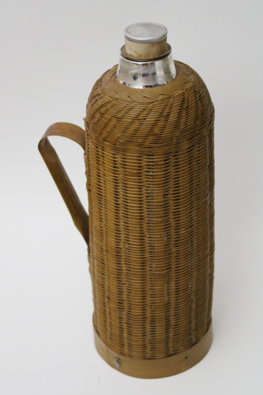 photo of natural woven bamboo basket covered bottle, vintage style glass thermos w/ cork stopper #4