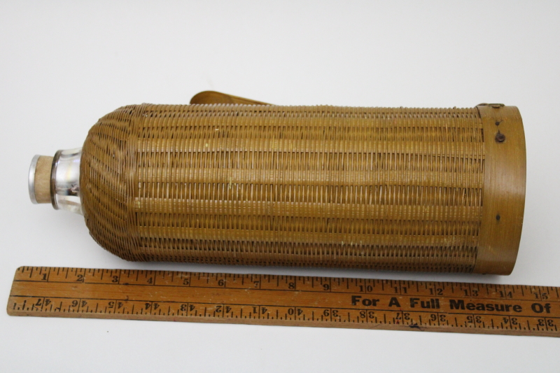 photo of natural woven bamboo basket covered bottle, vintage style glass thermos w/ cork stopper #7