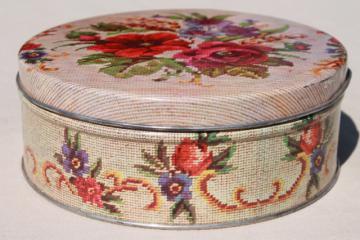 catalog photo of needlepoint print vintage candy tin sewing box, cottage granny chic storage canister