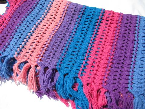 photo of neon brights blue, pink, purple - retro vintage broomstick lace afghan #1