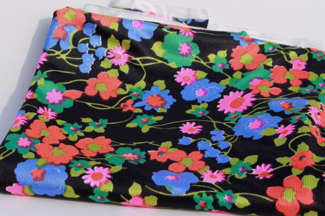 photo of neon flowers on black vintage print polyester tricot fabric, retro dress / lingerie material #3