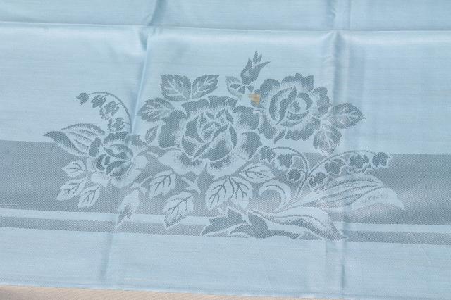 photo of never used 1950s vintage rayon damask tablecloth, silky roses on pale blue #6
