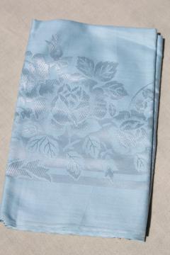 catalog photo of never used 1950s vintage rayon damask tablecloth, silky roses on pale blue