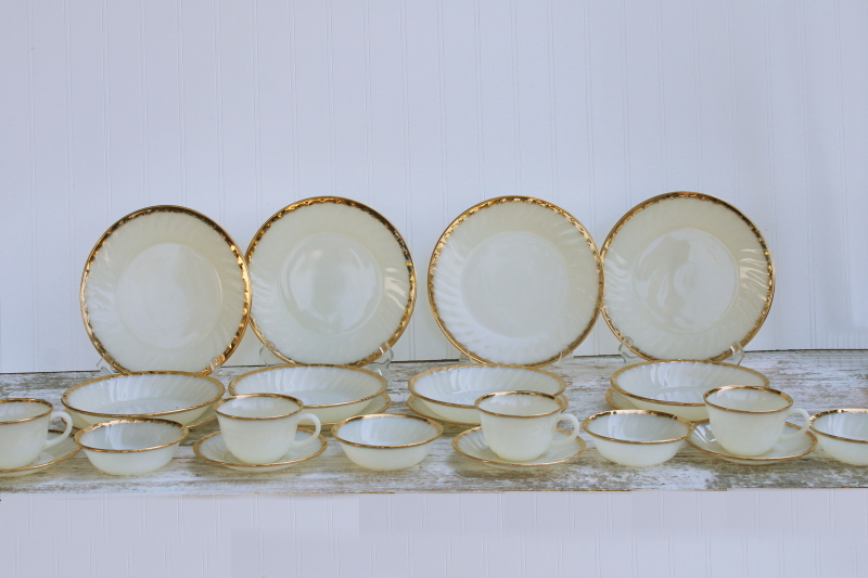 photo of never used MCM vintage Fire King gold trim swirl pattern milk glass dishes, set for 4 #1