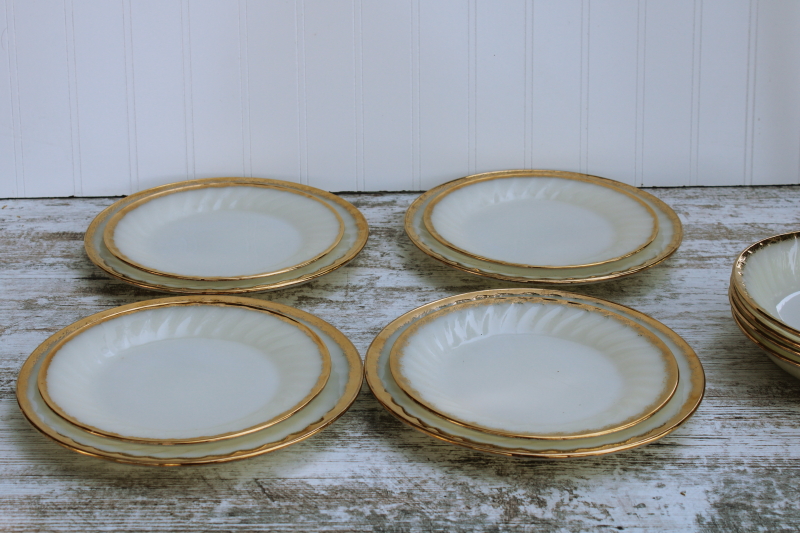 photo of never used MCM vintage Fire King gold trim swirl pattern milk glass dishes, set for 4 #3