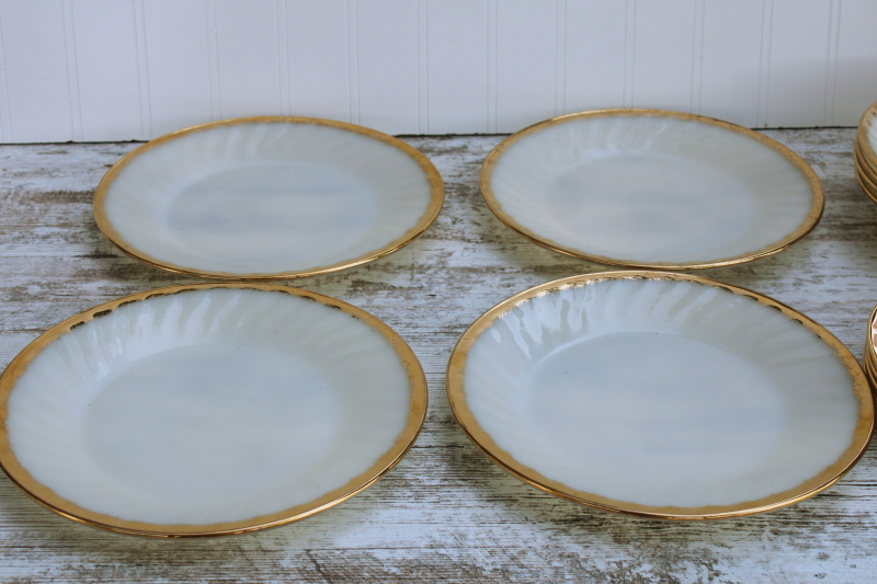 photo of never used MCM vintage Fire King gold trim swirl pattern milk glass dishes, set for 4 #6