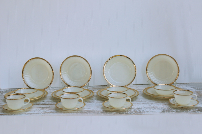 photo of never used MCM vintage Fire King gold trim swirl pattern milk glass dishes, set for 4 #8