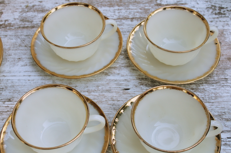 photo of never used MCM vintage Fire King gold trim swirl pattern milk glass dishes, set for 4 #10