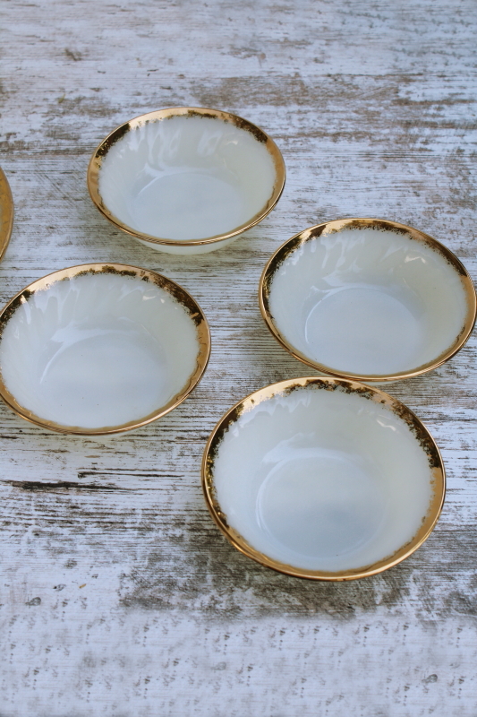 photo of never used MCM vintage Fire King gold trim swirl pattern milk glass dishes, set for 4 #12