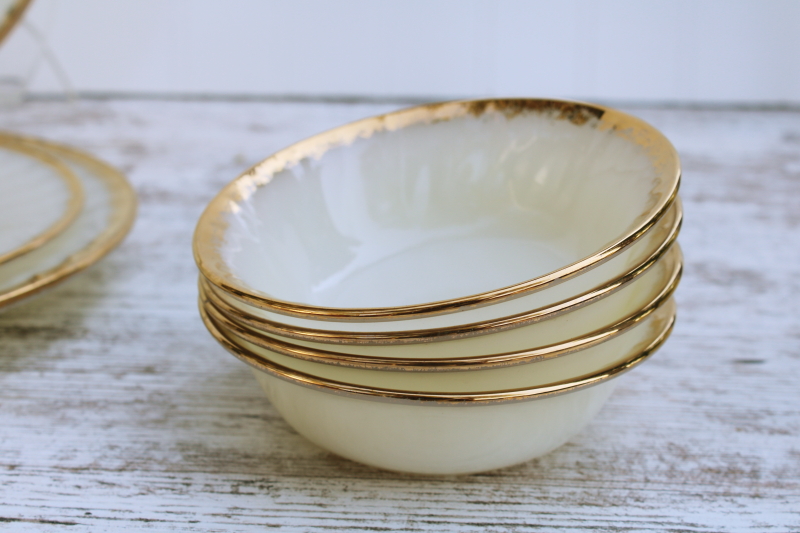 photo of never used MCM vintage Fire King gold trim swirl pattern milk glass dishes, set for 4 #14