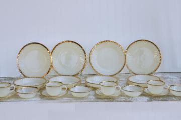 catalog photo of never used MCM vintage Fire King gold trim swirl pattern milk glass dishes, set for 4
