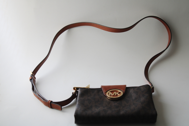 photo of never used Michael Kors large logo Fulton crossbody bag double zip purse signature brown #1